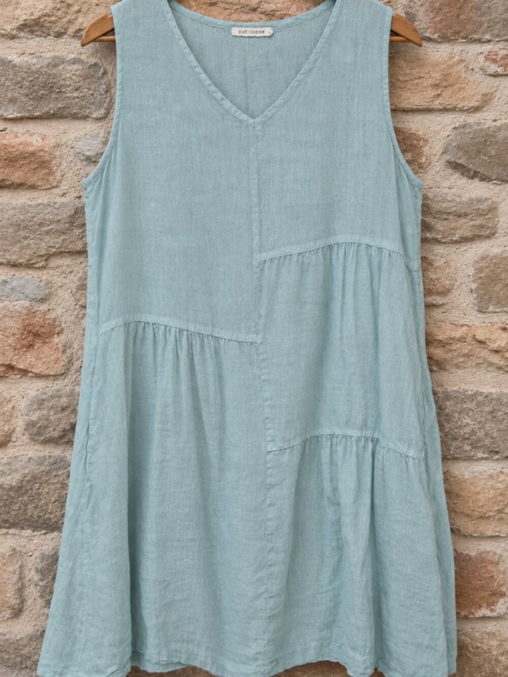 Cut Loose L 100% Linen Dress Sleeveless Flared Patchwork Pockets Light Green USA